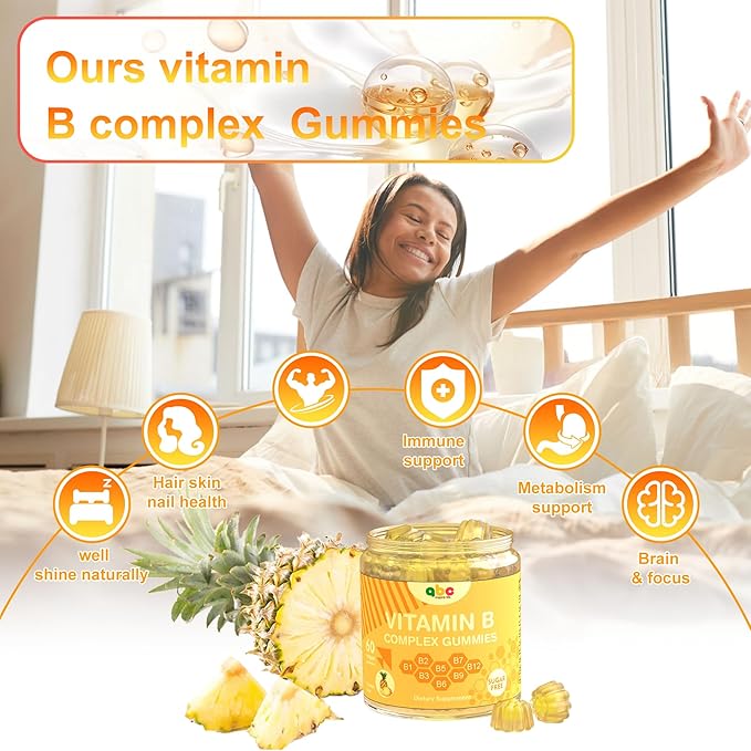 Vitamin B Complex Gummies for Adult Kid-Pineapple Flavor-Chewable Supplement with 8 Essential B Vitamins (B1, B2, B3, B5, B6, B7, B9, B12) Non GMO,Vegan 60 Count