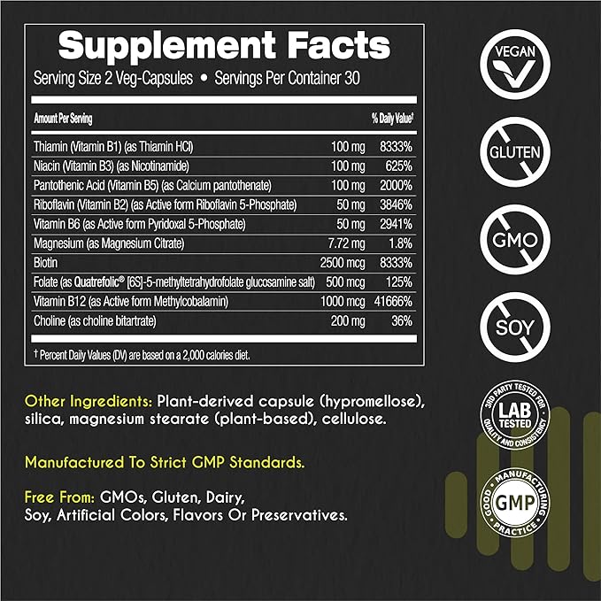 Active-B Complex โ High Strength Activated B Vitamin Supplement with B2, B6, B12 & Methyl Folate โ Supports Energy, Brain Function & Nervous System โ 60 Vege-Capsules