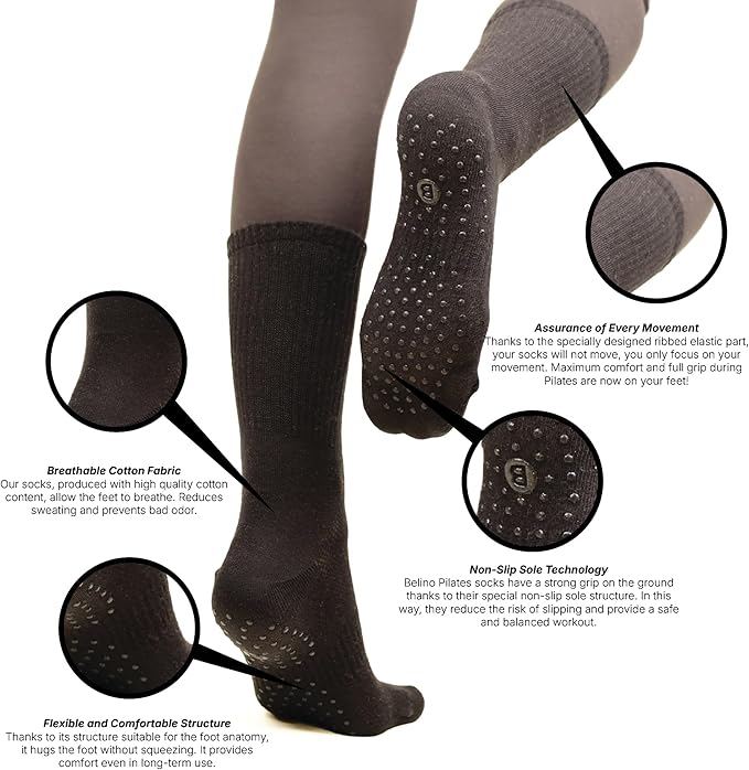 BELINO Pilates Socks for Women with Non Slip Grippers – Crew Socks for Yoga, Barre, Gym, Workout, Hospital 4 Pairs