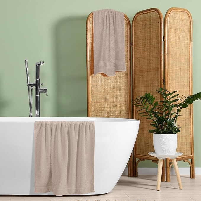 BELZZI Home Ultra Soft 4 Pack Oversized Bath Towel Set 27x54, Cotton Compact Bath Towels, Highly Absorbant Eco-Friendly Quickdry & Lightweight Towel, Ideal for Gym Travel Camp Pool - Tan