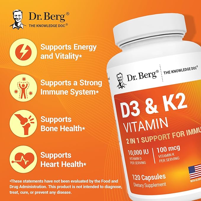 Dr. Berg Maximum Strength 7-in-1 Vitamin D3 K2 10,000 IU | Naturally Derived D3 | 4X Lab-Tested & Verified | High Absorption Formula | K2 D3 Vitamin Supplement - 120 Capsules