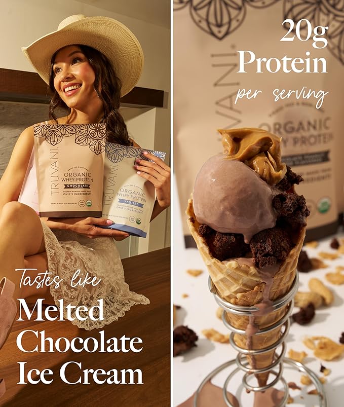 Truvani Organic Whey Protein Powder | Chocolate | 20g Grass Fed Whey Protein | 20 Servings | USDA Organic & Non-GMO | Gluten Free | No Gums, No Soy, No Stevia, No Added Sugars