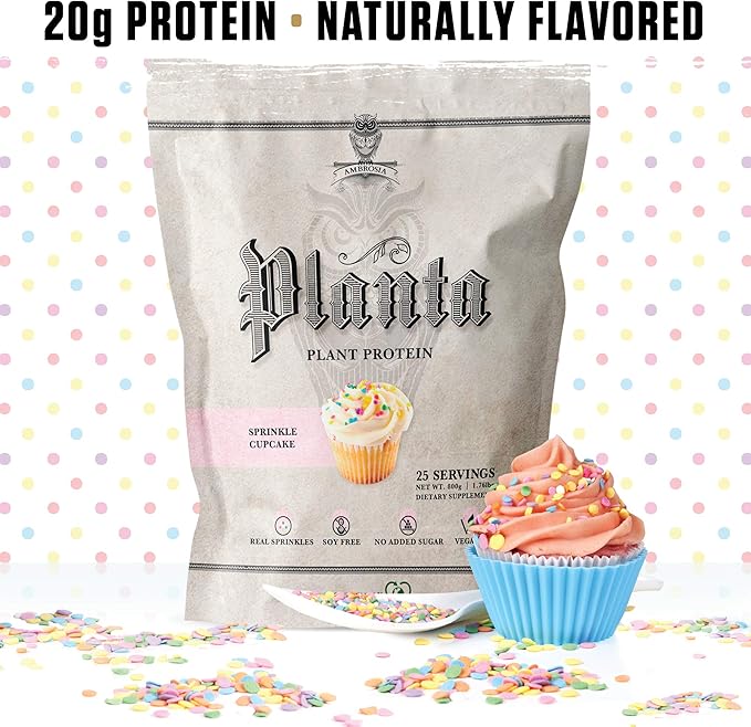 Ambrosia Planta - Premium Plant-Based Protein | Vegan & Keto Friendly | Gourmet Flavors with No Bloating or Stomach Upset | Gluten & Soy Free | No Added Sugar | 25 Servings | Sprinkle Cupcake