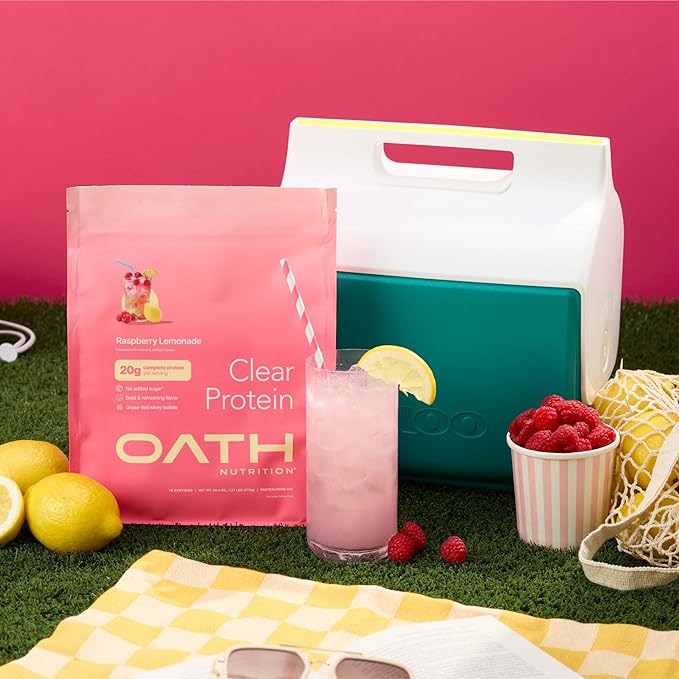 Oath Nutrition Clear Whey Isolate Protein Powder, Raspberry Lemonade, 20g Complete Protein per Serving, No Added Sugar, Grass-Fed, 18 Servings