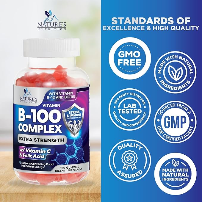 B Complex Supplement Gummies with Vitamin C & Folic Acid, Extra Strength Super Vitamin B Gummy with Niacin, B6, Folic Acid, B12, Biotin, Nature's Energy Immune Support Supplements - 120 Gummies