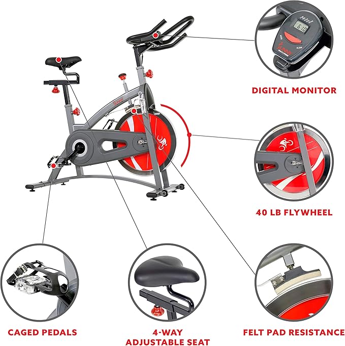 Sunny Health & Fitness Indoor Cycling Exercise Bike w/Adjustable Cushion Seat & Multi-Grip Handlebar, Stationary Workout Equipment For Adult Cardio Training, Optional Free SunnyFit App Connection