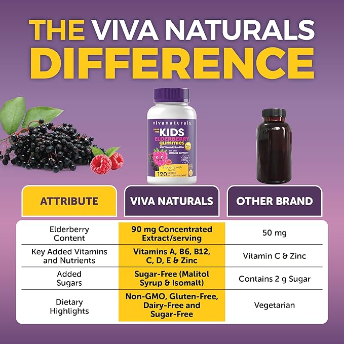 Viva Naturals Sugar-Free Sambucus Elderberry Gummies for Kids, 8-in-1 Children Immune Support with Vitamin C & Zinc – Chewable, Vegan & Gluten-Free (120 Count) for Daily Wellness