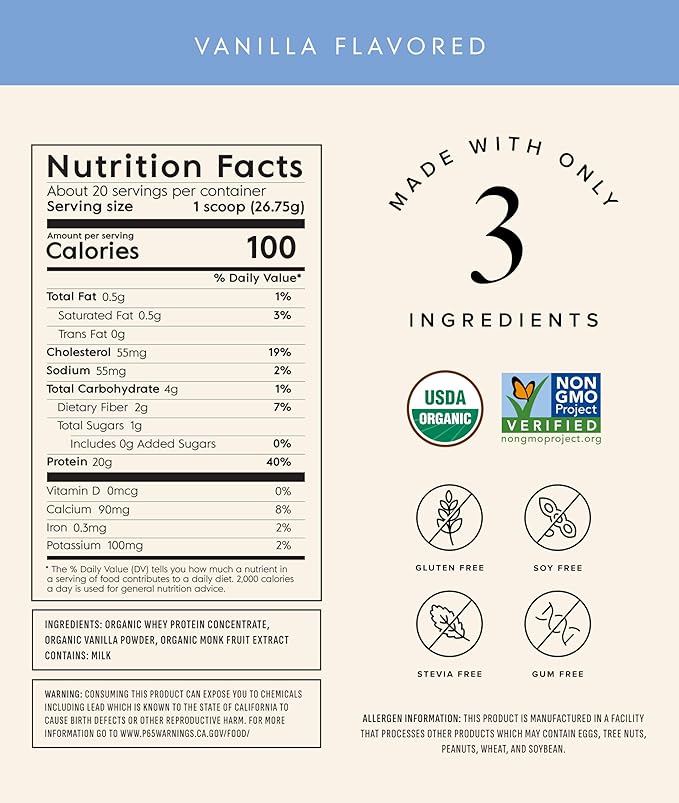 Truvani Organic Whey Protein Powder | Vanilla | 20g Grass Fed Whey Protein | 20 Servings | USDA Organic & Non-GMO | Gluten Free | No Gums, No Soy, No Stevia, No Added Sugars
