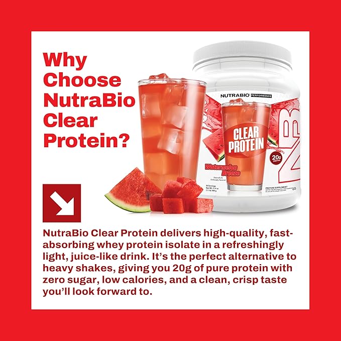NutraBio Clear Protein Powder, Watermelon Breeze - 20 Servings, 20g Clear Whey Protein Isolate, 0 Sugar, 0g Lactose, Refreshing Fruit Flavors, GLP1 Support -Bone Health - Muscle Post Workout Recovery