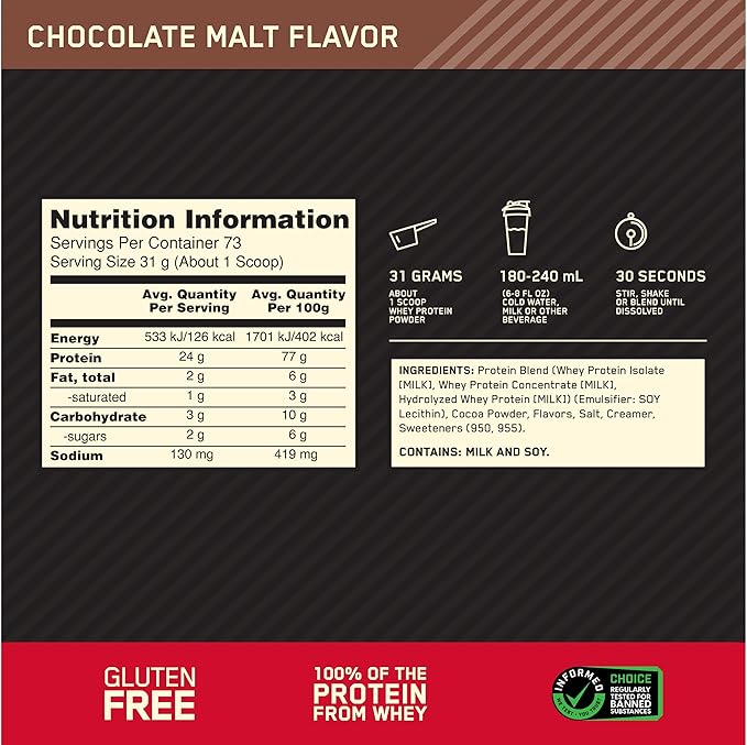 Optimum Nutrition Gold Standard 100% Whey Protein Powder, Chocolate Malt, 2 Pound (Packaging May Vary)
