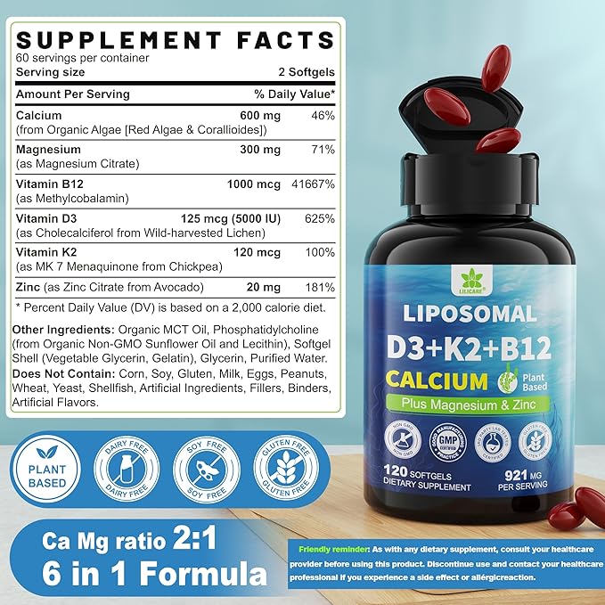 6-in-1 Plant Based Calcium Supplements for Women Men- Calcium 600mg w/ D3 K2 5000 IU Vitamin, Liposomal & Algae Ca-lcium Magnesium Zinc + Vegan Vitamin D 5000 IU + K2 MK7 + Methyl B12 for Bone, 1 Pack