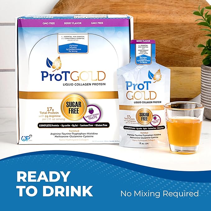 ProT Gold Liquid Collagen Protein Shot, 17g Clear Protein Nano-Hydrolyzed Grass Fed Collagen, 2g Arginine for Wound Support, Gluten Free, Sugar Free, 0g Carbs, Non GMO, Berry, 1 fl oz, 24 Pack