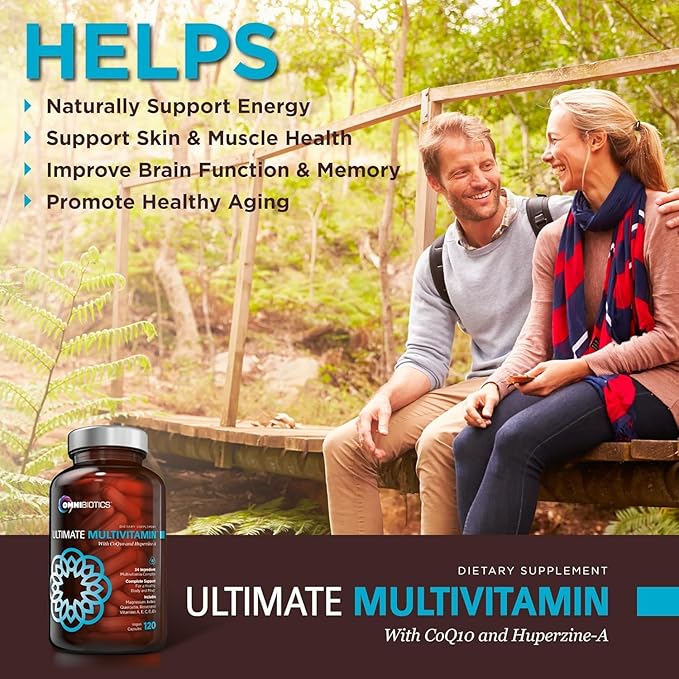 OmniBiotics Ultimate Daily Multivitamin for Women & Men β 34 Essential Ingredients Including Vitamin A, C, D, E, B6, B12, Biotin, Zinc β 120 Vegan Capsules