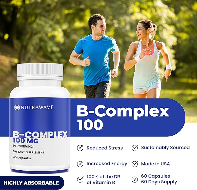 VITAMIN B COMPLEX 100 High Potency, 9 Complete B’s - B1- B12 for Men & Women, Reduce Stress, Immune Support, Hair, Skin, Supports Energy Levels & Brain Function Vegan - 60 Capsules/ 60 Day Supply