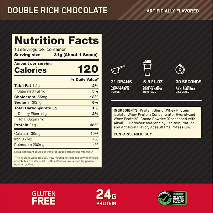 Optimum Nutrition Gold Standard 100% Whey Protein Powder, Double Rich Chocolate, 0.68 Pound (Pack of 1)