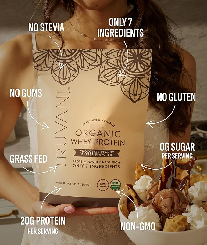 Truvani Organic Whey Protein Powder | Chocolate Peanut Butter | 20g Grass Fed Whey Protein | 20 Servings | USDA Organic & Non-GMO | Gluten Free | No Gums, No Soy, No Stevia, No Added Sugars