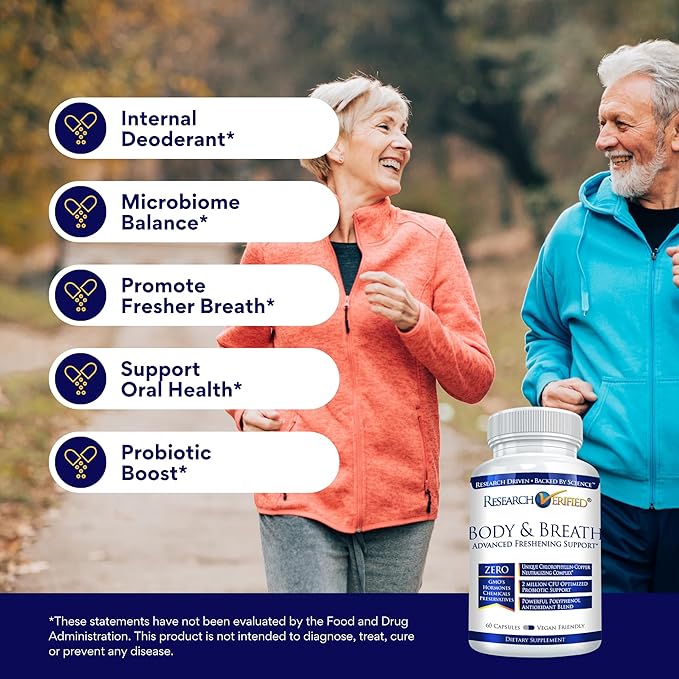 Research Verified Body & Breath Natural Deodorant & Freshener - Bad Breath & Body Odor Supplement - 60 Capsules (1 Month Supply)