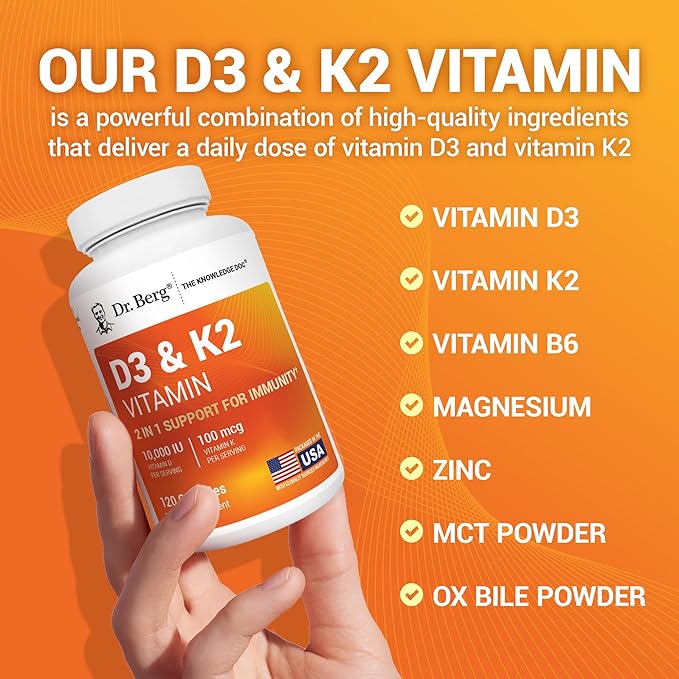 Dr. Berg Maximum Strength 7-in-1 Vitamin D3 K2 10,000 IU | Naturally Derived D3 | 4X Lab-Tested & Verified | High Absorption Formula | K2 D3 Vitamin Supplement - 120 Capsules