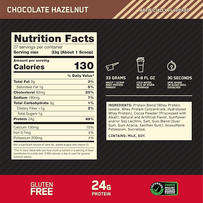 Optimum Nutrition Gold Standard 100% Whey Protein Powder, Chocolate Hazelnut, 2 Pound (Packaging May Vary)