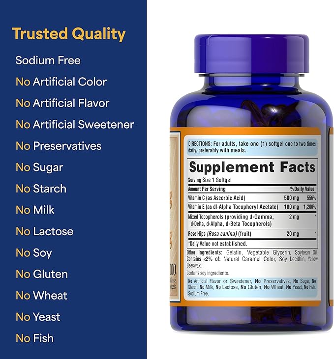 Puritan's Pride Premium Vitamin C-500mg with Rose HIPS and Vitamin E-400, Supplement for Antioxidant, Heart, Circulatory, and Immune System Support, 100 Rapid Release Softgels
