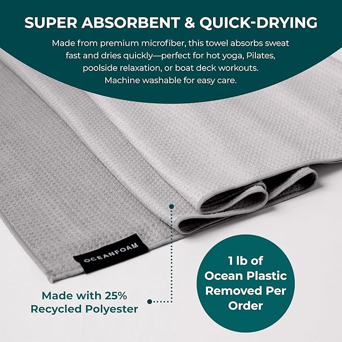 Oceanfoam Beach Towel – Lightweight, Absorbent, Quick-Drying, Sand-Resistant, Non-Slip – Ideal for Workouts, Yoga, Pilates, Beach, Pool, Boat & Travel – 25% Recycled – 72"x24" (Charcoal Gradient)