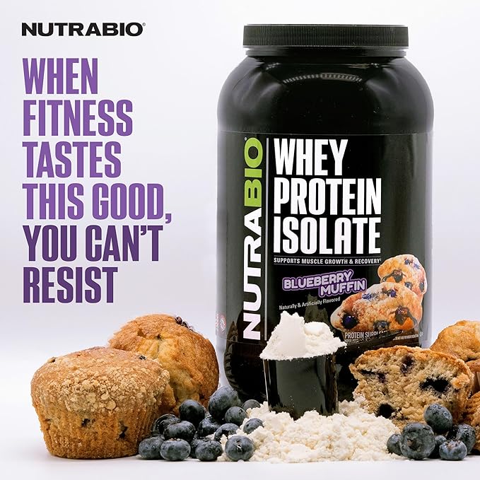 NutraBio 100% Whey Protein Isolate Protein Powder, 25g Protein with Complete Amino Acid Profile, Non-GMO, Soy & Gluten Free, Low Carb, Low Calorie Whey Protein Powder, Blueberry Muffin, 2 Lbs