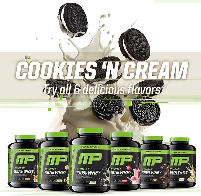 MusclePharm Combat 100% Whey Protein Powder, Cookies ‘N’ Cream Flavor, Fast Recovery & Muscle Gain with Whey Protein Isolate, High Protein Powder for Women & Men, Gluten Free, 5 lb, 69 Servings