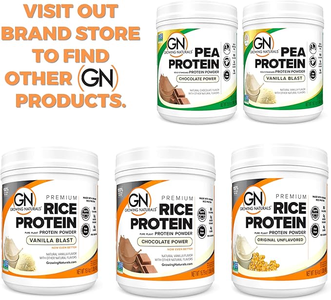 Growing Naturals Organic Rice Protein Powder - 15g Plant Protein, 2.8G BCAA - Low-Carb, Low-Sugar, Non-GMO - Original Unflavored, 16.2 Ounce (Pack of 1)