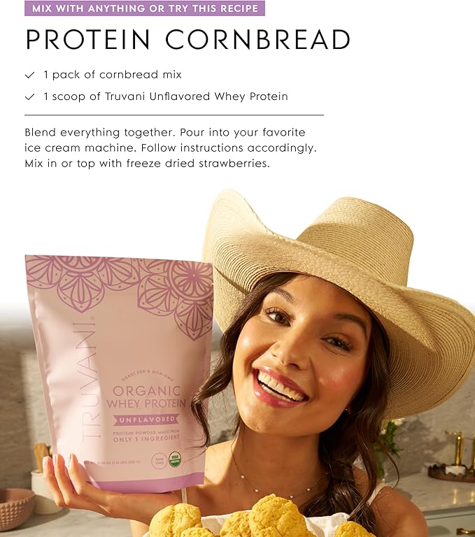 Truvani Organic Whey Protein Powder | Unflavored | 20g Grass Fed Whey Protein | 20 Servings | USDA Organic & Non-GMO | Gluten Free | No Gums, No Soy, No Stevia, No Added Sugars