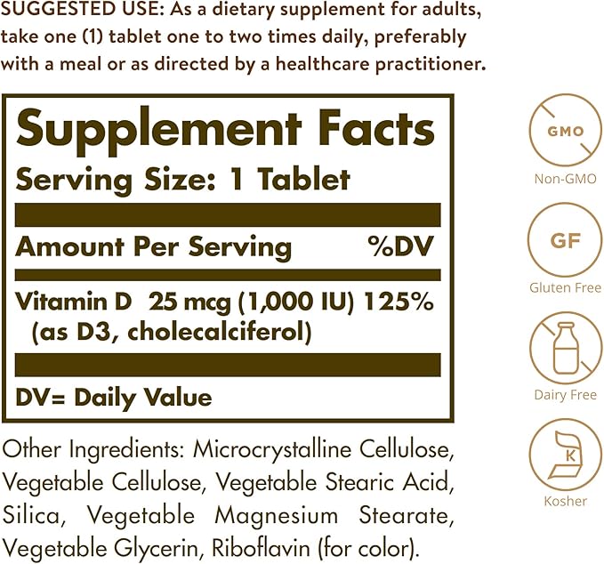 Solgar Vitamin D3 (Cholecalciferol) 25 mcg (1000 IU) – 180 Tablets - Helps Maintain Healthy Bones & Teeth - Immune System Support - Non-GMO, Gluten Free, Dairy Free, Kosher - 180 Servings