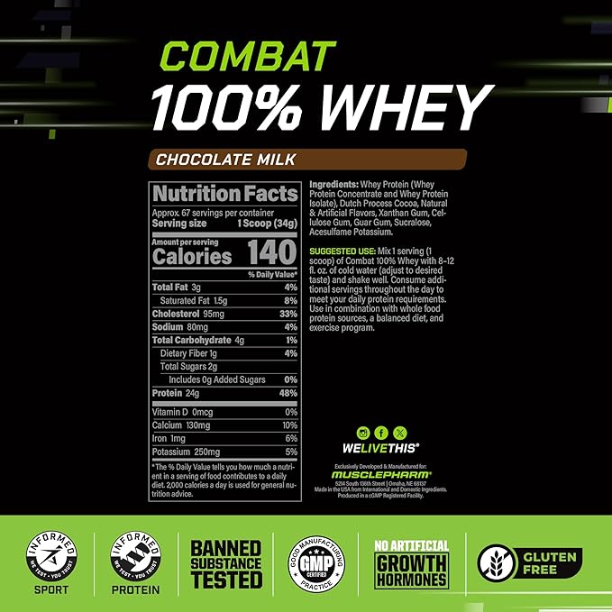 MusclePharm Combat 100% Whey Protein Powder, Chocolate Milk, Fast Recovery & Muscle Gain with Whey Isolate, High Protein Powder for Women & Men, Gluten Free, 5lb, 67 Servings