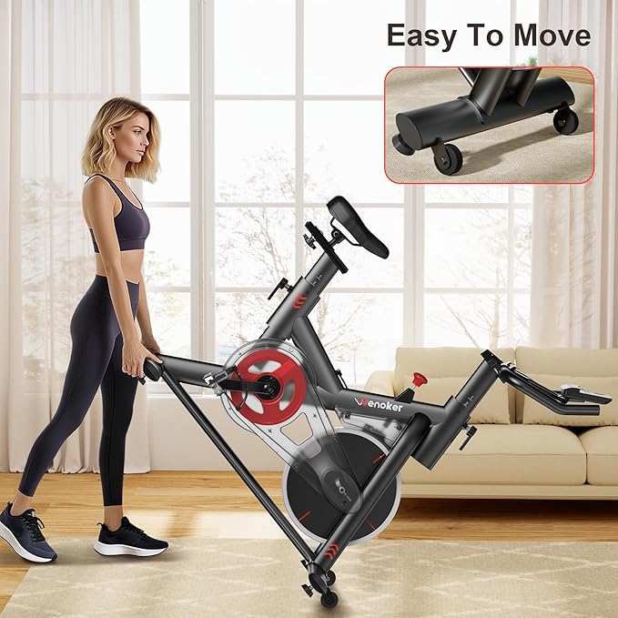 Exercise Bike, Stationary Bike for Home, App Compatible, 350lb Capacity, Comfortable Adjustable Seat, Digital Display & Pad Holder, Quiet Ride