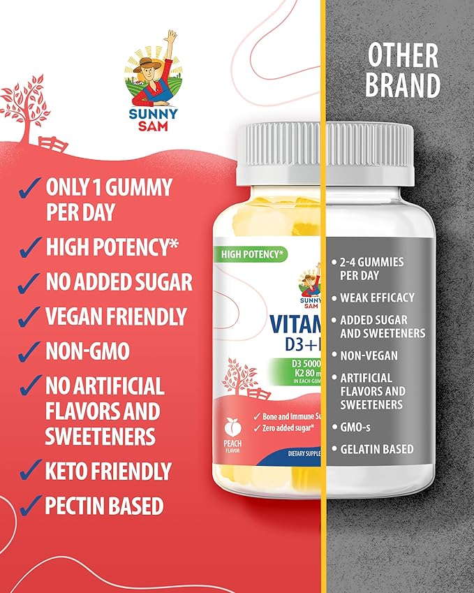 Sugar-Free Vitamin D3 K2 Gummies 5000 IU - Immune & Bone Support Gummies - Vitamin D Gummy Supplement for Adults - High-Absorption, Vegan, Halal, Gluten-Free Chewable Vitamins