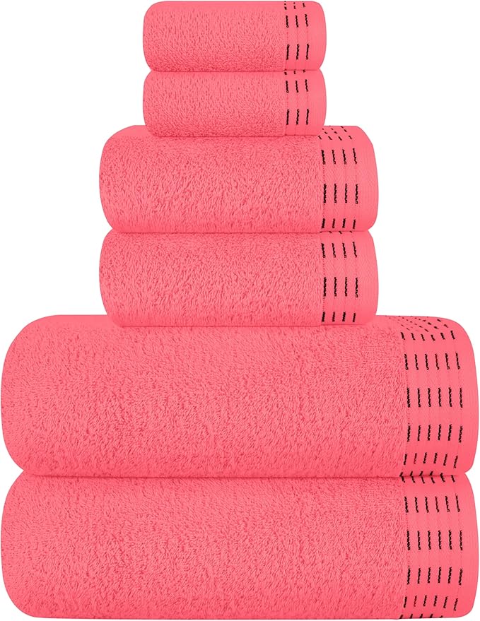 Ultra Soft 6 Pack Cotton Towel Set, Contains 2 Bath Towels 28x55 inch, 2 Hand Towels 16x24 inch & 2 Wash Coths 12x12 inch, Ideal Everyday use, Compact & Lightweight - Coral Orange