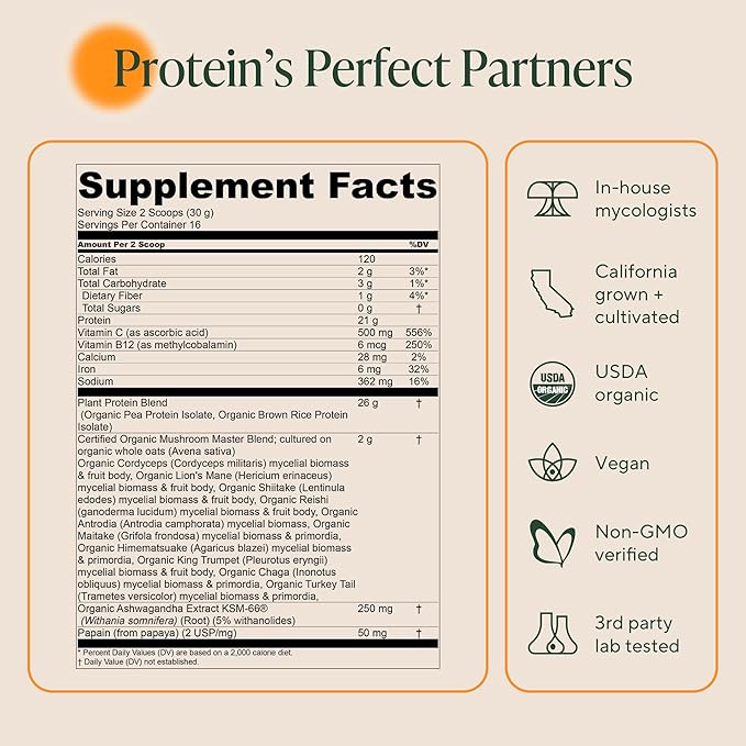 Om Master Blend Vegan Protein Powder, Unflavored, 21g of Plant Protein - Organic Mushroom Supplement with 10 Mushroom Complex, Ashwagandha, BCAAs and Vitamin B12-1.07 lb. (16 Servings)