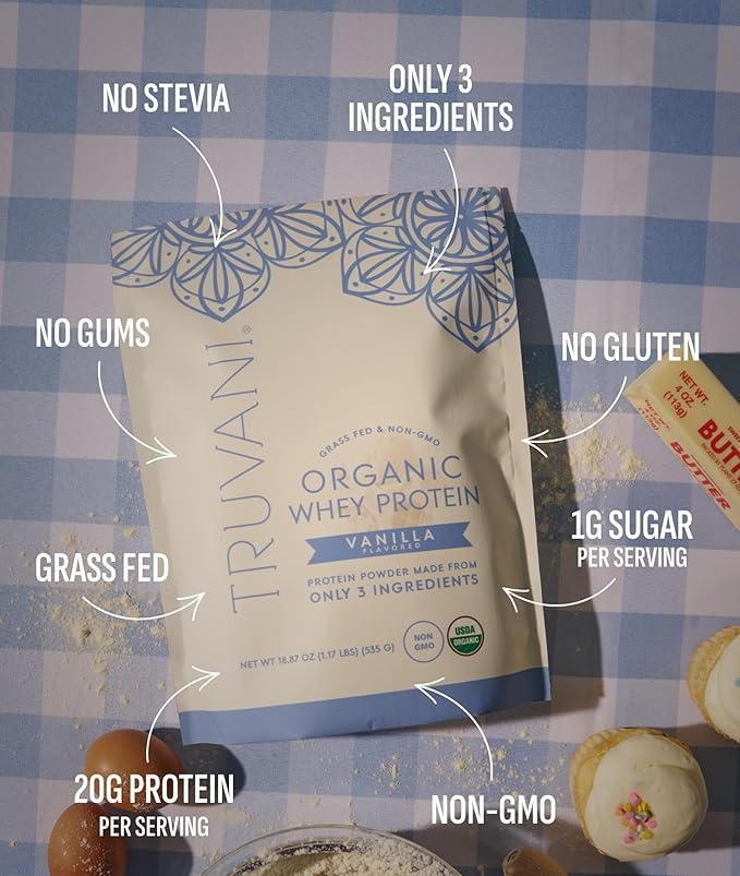 Truvani Organic Whey Protein Powder | Vanilla | 20g Grass Fed Whey Protein | 20 Servings | USDA Organic & Non-GMO | Gluten Free | No Gums, No Soy, No Stevia, No Added Sugars