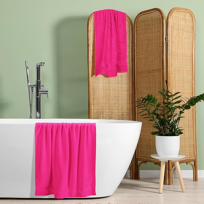 BELZZI Home Ultra Soft 4 Pack Oversized Bath Towel Set 27x54, Cotton Compact Bath Towels, Highly Absorbant Eco-Friendly Quickdry & Lightweight Towel, Ideal for Gym Travel Camp Pool - Hot Pink