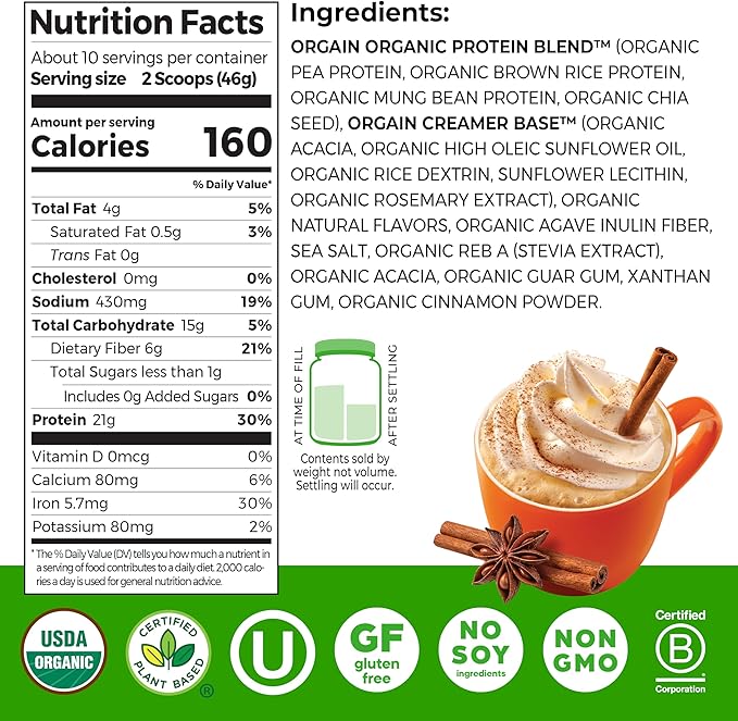 Orgain Organic Vegan Protein Powder, Pumpkin Spice Seasonal Flavor - 21g of Plant Protein, 5g Prebiotic Fiber, No Lactose Ingredients, No Added Sugar, Non-GMO, For Shakes & Smoothies, 1.02 lb