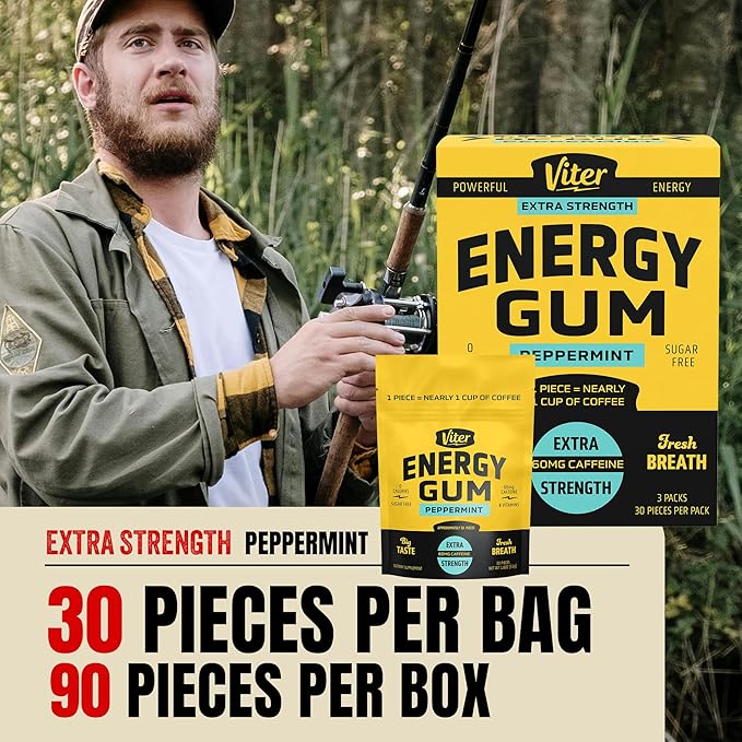 Viter Energy 60mg Caffeine Gum (Peppermint Flavor, 30 Pieces, 3 Pack) - Sugar Free, Vitamin B3, B6, B9, B12, Zero Calories, Caffeinated Energy Chews, Nootropic Focus Supplement for Men & Women
