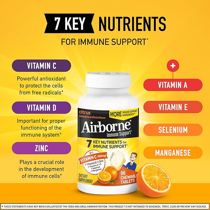 Airborne Vitamin C 1000mg (per Serving) - Citrus Chewable Tablets (96 Count in a Box) - Packaging May Vary