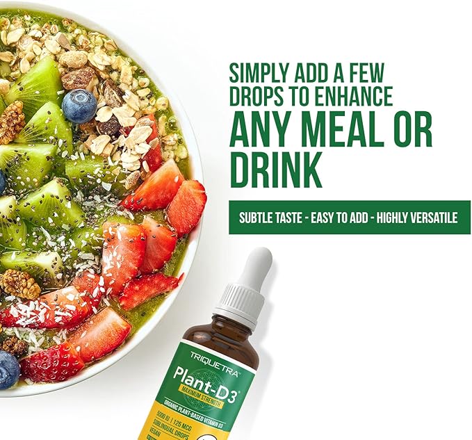 Plant-D3 Organic Vitamin D3 5000 IU - Vegan, Max Strength Sublingual Liquid D3 Drops - 200% Higher Absorption - 100% Plant-Based Cholecalciferol Form - Adjustable Dosing for All Ages (1oz - 2 Pack)