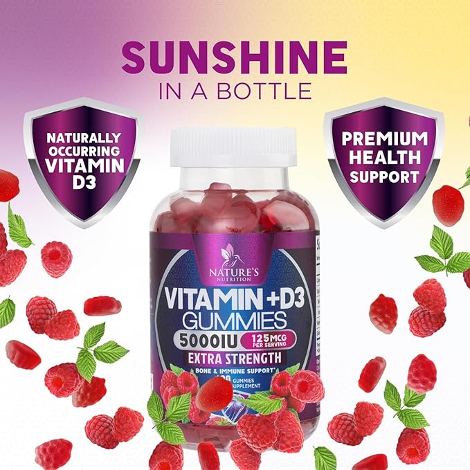 Vitamin D3 Supplement Gummy 5000 IU (125 mcg) Dietary Vitamins D for Men & Women - Bone, Teeth, Muscle and Immune Health Support, High Potency VIT D3 Nature's Non-GMO & Gluten Free - 120 Gummies