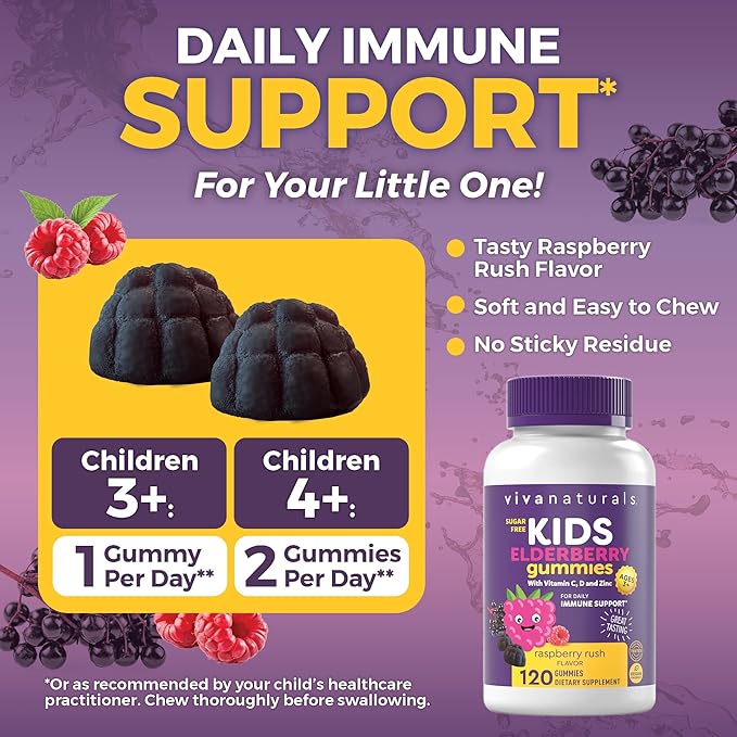 Viva Naturals Sugar-Free Sambucus Elderberry Gummies for Kids, 8-in-1 Children Immune Support with Vitamin C & Zinc – Chewable, Vegan & Gluten-Free (120 Count) for Daily Wellness