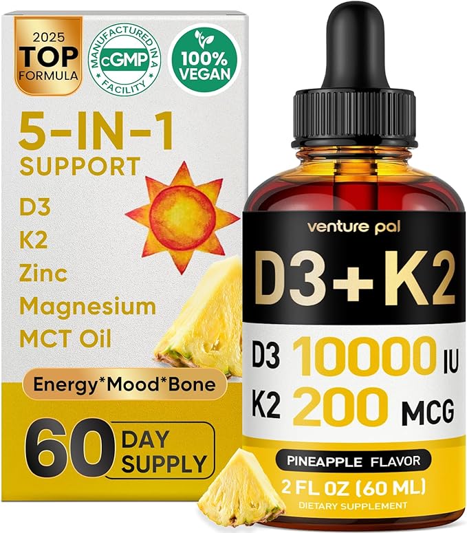 Venture Pal 5-in-1 Vitamin D3 10000 IU & K2 as MK-7 200mcg with Magnesium, MCT Oil, Zinc, Sugar-Free Vitamin D Liquid |Maximum Absorption for Bone, Mood & Immune Health - 2 FL OZ, 60 Days