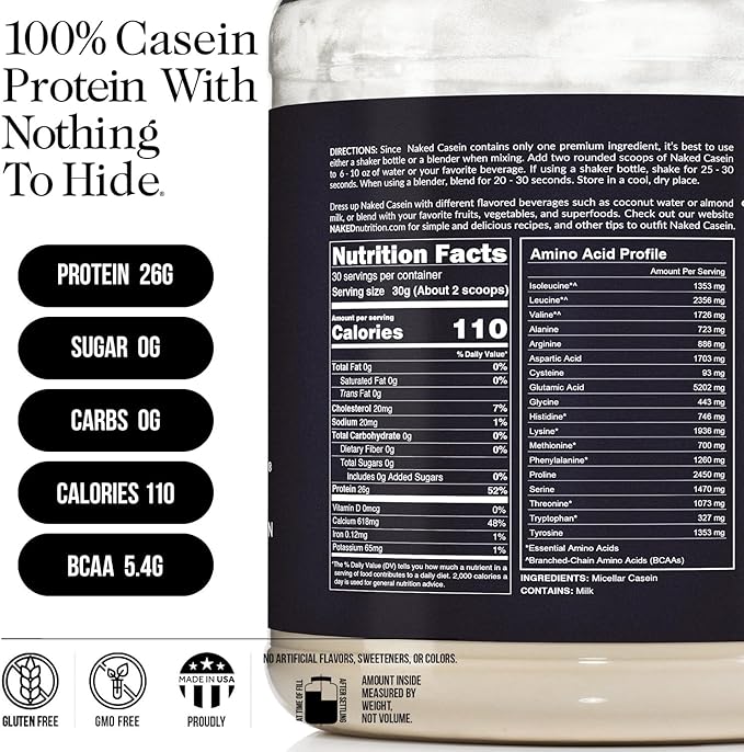 NAKED Casein - 2Lb Micellar Casein Protein - Bulk, Zero Carb, GMO-Free, Gluten Free, Soy Free, Preservative Free - Stimulate Muscle Growth - Enhance Recovery - 30 Servings
