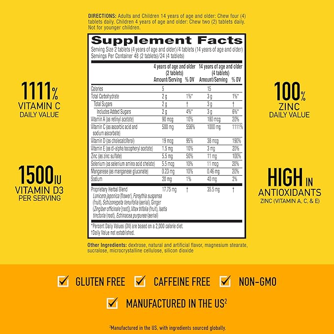 Airborne Vitamin C 1000mg (per Serving) - Citrus Chewable Tablets (96 Count in a Box) - Packaging May Vary