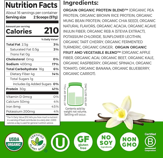 Orgain Organic 30g Vegan Plant Protein Powder, Vanilla, 9g EAAs + BCAAs, High Plant Protein, 4g Prebiotic + Fiber, 1g Sugar, Pre-Workout, Muscle Support + Recovery - 2.01lb (Packaging May Vary)