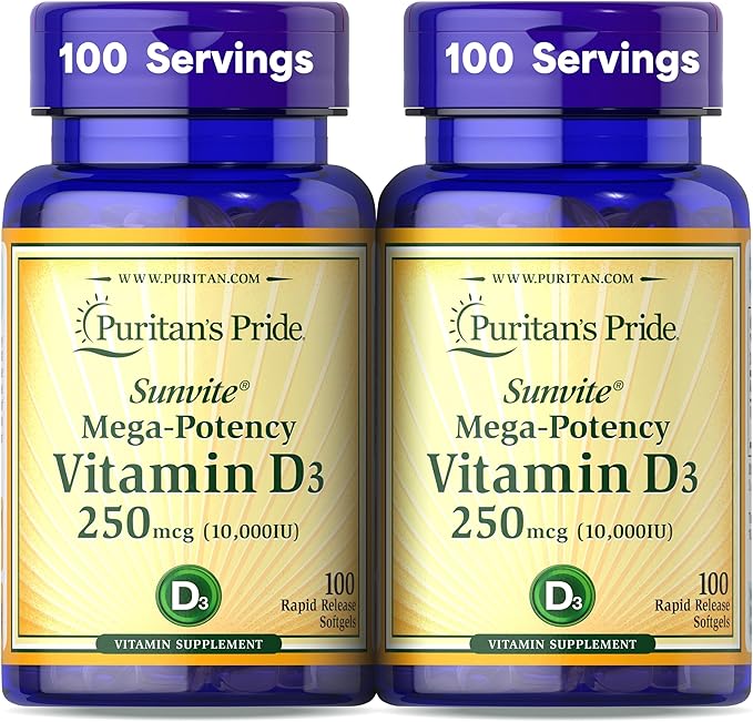 Puritan's Pride Premium Sunvite™ Mega-Potency Vitamin D3 10,000 IU, Dietary Supplement for Healthy Bones, Teeth, and Immune System Support, 100 Rapid Release Softgels