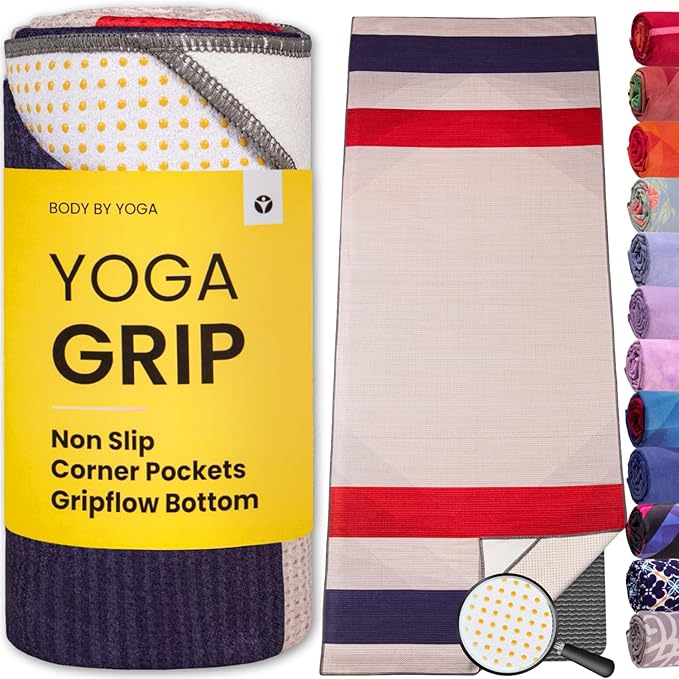Yoga Grip Yoga Towel - Non Slip Hot Yoga Mat Towel With Corner Pockets, No-Skid Grip, and Built-in Alignment Lines | Soft, Moisture Wicking, and Sweat Absorbent | No Bunching, Stays in Place 72" x 25"