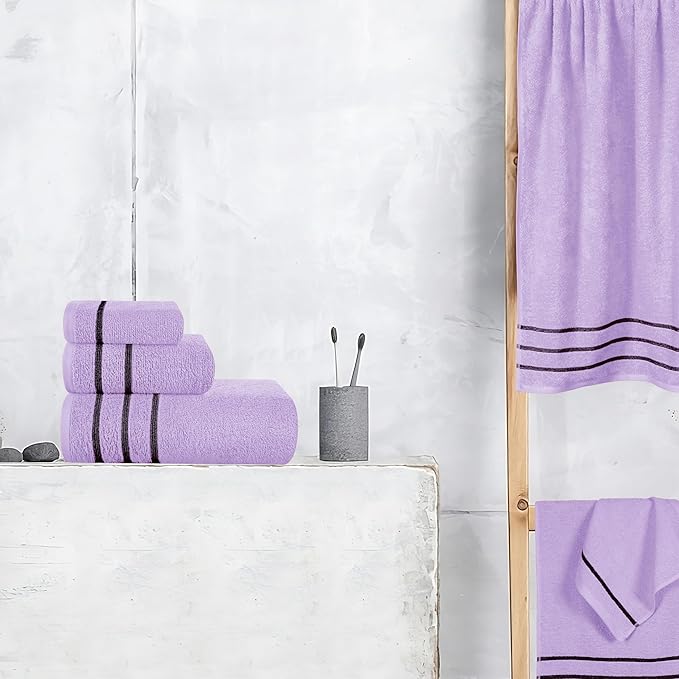 MyOwn Ultra Soft 6 Pack Cotton Towel Set, Contains 2 Bath Towels 28x55 inch, 2 Hand Towels 16x24 inch & 2 Wash Coths 12x12 inch, Ideal Everyday use, Compact & Lightweight - Purple, 71644